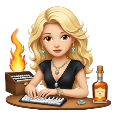 A sketchnote illustration rendered in a strong moody style, featuring a blonde woman with cascading gorgeous hair, a keyboard, a whiskey bottle, a key, a jewelry box, and fire elements against a black background. The lighting is low with low contrast, emphasizing dramatic shadows. sticker