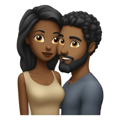 A caramel skin black woman with long black hair kissing her boyfriend who’s lighter in complexion and has a beard with big eye and a big nose  sticker