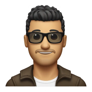 A tanned handsome white man with black short hair, dark glasses and a small beard, a small mohawk hairstyle sticker