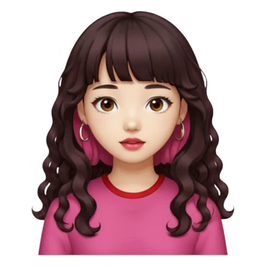 Korean girl, red top, black brown hair, brown eyes, long curly hair, aesthetic, long hair, hime cut, blunt bangs, pink lip, Cool girl sticker