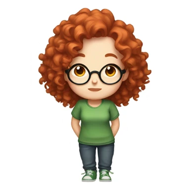 Chibi twitch emotes of a red curly haired girl, with freckles and big round glasses, in a green shirt sticker