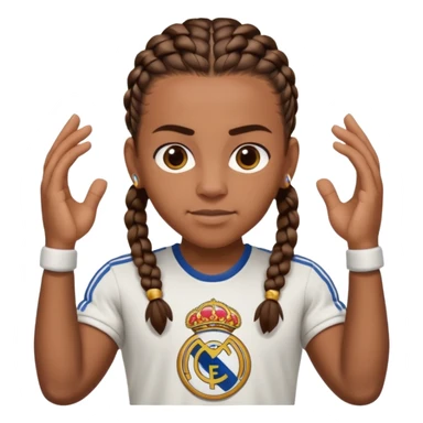 Make raphinha strong with cornrows and buff holding a the real madrid logo in between hid hands sticker