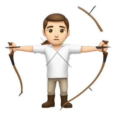 a male archer aiming with a bow facing  his target, eyes closed, wearing a white shirt, very short brown hair, bright skin, only show upper part of the body from waist up sticker
