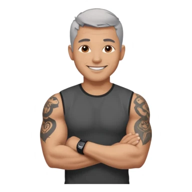 un homme de 35 ans, cheveux très court gris, qui sourit, musclé avec le bras droit tatoué et un tee shirt noir sticker