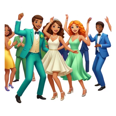 Wedding guests dancing on dance floor with cannabis, colorful party atmosphere, disco lights, cheerful cartoon style sticker