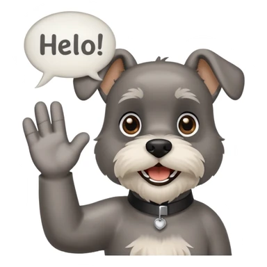 Happy Schnauzer waving hello. A speech bubble with HELLO sticker