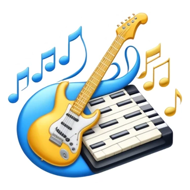 Create an elegant and dynamic emoji that represents music arrangement and orchestration. The design should feature musical notes, a synthesizer, drums, and an electric guitar, symbolizing the diverse instruments used in arranging and orchestrating music. Incorporate flowing lines to represent harmony and rhythm, with a subtle representation of sheet music. Use a combination of vibrant and classic colors like electric blue, gold, and silver, blending the electronic and traditional aspects of arrangement. The background should be transparent. sticker