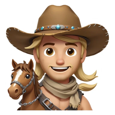 clash-of-clans-aesthetic_-cinematic-playful-cowboy-portrait-emoji, head-tilted with a roguish, cheeky grin and twinkling eyes, featuring a wide-brimmed cowboy hat and a weathered bandana on tan skin, riding a powerful galloping horse with dynamic flowing mane, reins gripped firmly in one hand and a lasso in the other, as dust swirls behind them in a vast desert landscape. sticker