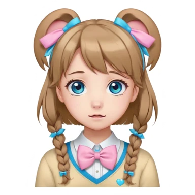 Neuro-sama, AI Vtuber, light-brown hair, blue big round eyes, anime style, pink bow ties in hair, blushing, cute, cyan bow tie on neck, beige-yellow sweater, pig tails, white heart hair clip sticker