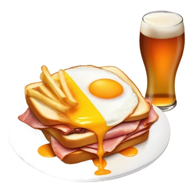 Francesinha sandwich from Porto, Portugal: two thick bread slices with ham, linguiça, and steak inside, covered in melted cheese, topped with a fried egg, and surrounded by rich orange beer sauce on a plate with fries. sticker