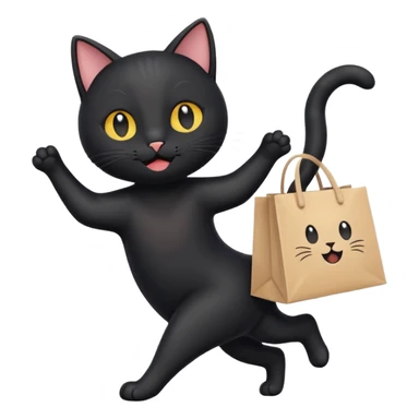 A cute black cat standing on two legs, happily running while holding a shopping bag. Minimalist emoji style, clean vector look, soft colors, rounded shapes, and expressive face sticker