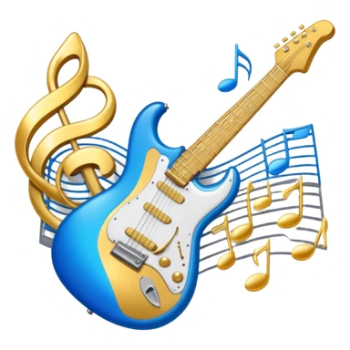 Create an elegant and dynamic emoji that represents music arrangement and orchestration. The design should feature musical notes, a synthesizer, drums, and an electric guitar, symbolizing the diverse instruments used in arranging and orchestrating music. Incorporate flowing lines to represent harmony and rhythm, with a subtle representation of sheet music. Use a combination of vibrant and classic colors like electric blue, gold, and silver, blending the electronic and traditional aspects of arrangement. The background should be transparent. sticker