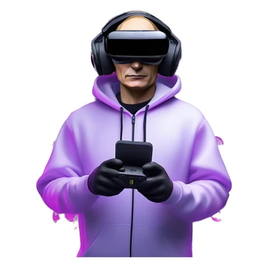 Vladimir Putin wearing a black hoodie with "OMG" letters on it and VR headset oculus quest 2 in a cyberpunk VR environment with violet neon lighting. sticker