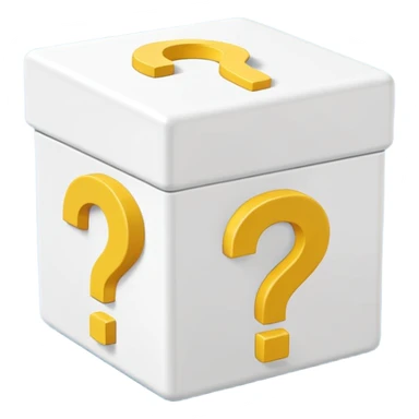 white cube shaped box printed with "q&a" over stuffed with yellow question marks sticker