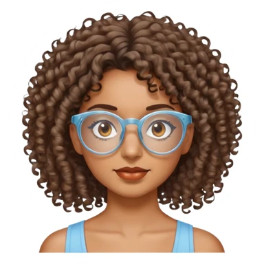 Chica morena cabello crespo con lentes transparentes y ojos cafés y blusa  de tiras color azul claro. sticker