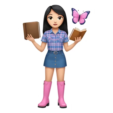 A plus-size light-skinned Black woman is wearing makeup. She has long, straight, waist-length black hair and is wearing a short-sleeved flannel shirt with a pink butterfly print, a denim miniskirt, and pink boots. She is standing and holding a book with her forearm raised. sticker