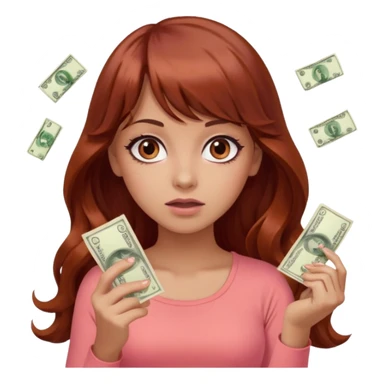 emoji of a beautiful woman with an arrogant expression, light tanned skin, big black eyes, long wavy reddish-brown hair with bangs, wearing a pink top, coral color theme, throwing money around sticker