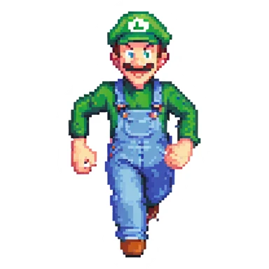 Luigi running, pixel art style, green hat, blue overalls, dynamic movement sticker