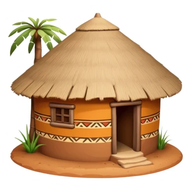 African mud hut tribal house, round adobe clay house, thatched roof, warm sunlight, colorful tribal patterns, cute mobile game icon, 3D cartoon, high detail, clean background sticker