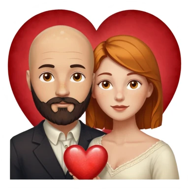 Couple. Bald man with dark brown-black beard. White woman with many small, faded freckles, white skin and she has auburn-yellow-brown-caramel, dark hair. She has light orange-brown eyes. The man have hazel eyes. They are inside one big heart. Retro style. sticker