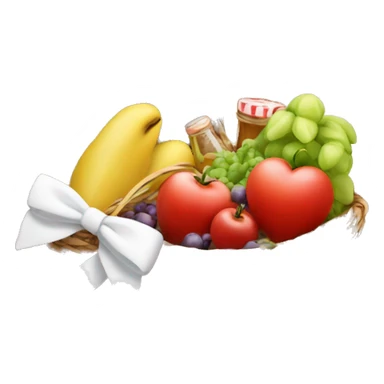 Heart shaped picnic basket with food in it and a white bow on it sticker