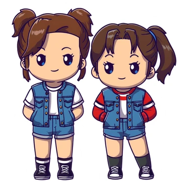 Two anime girls who are best friends, both with brown shoulder length hair. First girl has blue-green eyes, wearing black and white striped t-shirt, denim jacket, and denim shorts. Second girl has brown eyes, wearing denim overalls, with hair in a ponytail secured by a claw clip. sticker