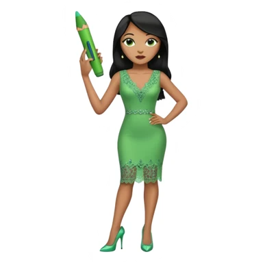 A plus-size light-skinned Black woman is wearing makeup. She has long, straight, waist-length black hair and is wearing a green sleeveless dress with rhinestones and lace and a low neckline. She is standing in green high heels and is holding a crayon in one hand, with the other hand raised. sticker