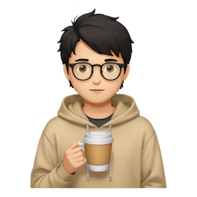 a light tan handsome boy with messy a black hair and spectacles. wearing a beige oversized and loose hoodie with a coffee in hand sticker