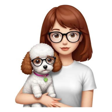 Mahogany haired girl with bangs, white glasses and a white t-shirt hugging a toy poodle dog sticker