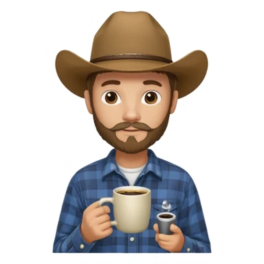 generate an ios genmoji of a 20 year old tan boy with a cowboy hat and mutton chop beard. Wearing a flannel and carrying a coffee mug sticker