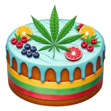colorful frosted fruit cake with cannabis leaf sticker
