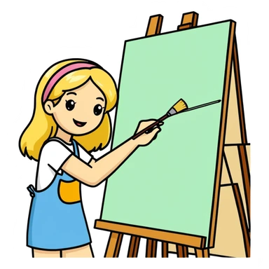 Woman with sandy blonde hair painter/artist painting a big canvas that reads “ANOTHER ONE BITES THE DUST - HAPPY BIRTHDAY” in 60’s hippie style painting sticker