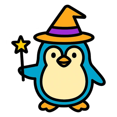 A penguin dressed as a wizard, wearing a pointed hat and holding a magic wand sticker
