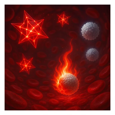 semi-realistic surreal illustration of omega-6 molecules in bloodstream, red, sharp, and luminous, triggering inflammation with flames or red signals upon contact with healthy cells, nearby defensive white blood cells, luminous effects, surreal medical style sticker