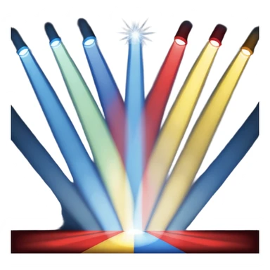 An emoji of stage lights shining brightly. Multiple spotlights in different colors (blue, yellow, red) angled towards a stage, creating a dramatic and concert-like atmosphere. Beams of light cutting through the darkness with a slight glow effect sticker
