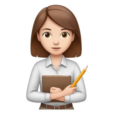 Intern or volunteer with brown hair holding a clipboard and pencil, ready to take notes or assist. The character wears a simple shirt and has an eager posture sticker