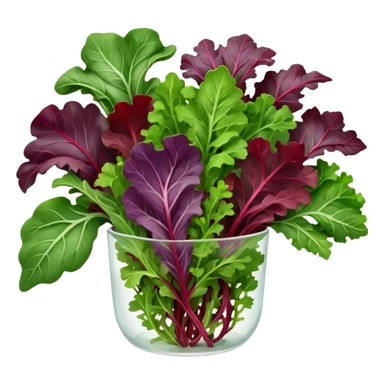loose mesclun leaves mixed baby salad greens arugula spinach red chard frisée oak leaf lollo rosso varied shapes colors textures greens purples reddish veins delicate edges curls natural look fresh soft highlights no water drops 3D clean minimal soft shadows transparent background emoji scale sticker