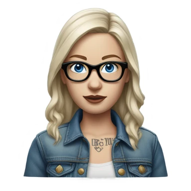 Create a Hyper Realistic pale beautiful tattooed 3D woman with glasses and blue eyes wearing denim jacket sticker