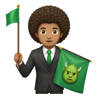 Create a emoji of a man in a suit brown skin with a afro holding a green flag that says ogre phi ogre sticker