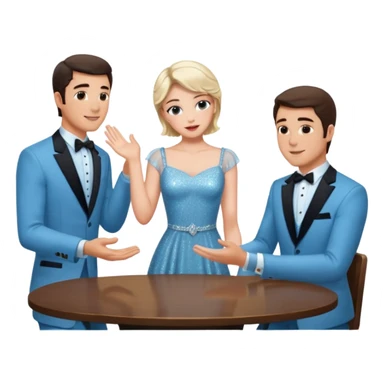 Sabrina’s carpenter in a light blue sparkly dress at a table with 3 handsome men facing each other and she is standing up putting her hand out  sticker