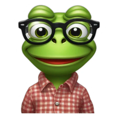 smiley face pepe the frog in black and red checkered shirt with square glasses for vision in cartoon style sticker