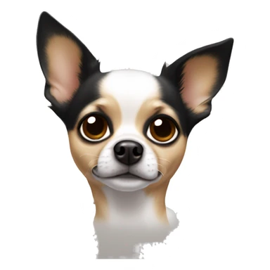 Chihuahua with a white body, black ears, brown splotches next to his eyes but a white part down the middle of its head to its nose  sticker