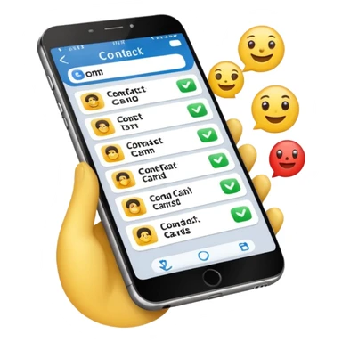 mobile phone with contact cards and a checkmark, CRM software theme, emoji style sticker