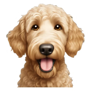 Golden doodle dog showing tongue white head brown ears and brown patch on head sticker