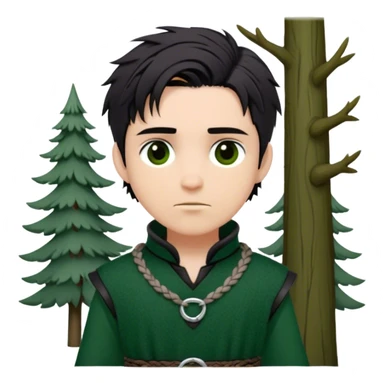 Medieval spring outfit worn by a DnD themed fantasy male character. Forest green wool tunic with silver thread detailing at the collar, secured with a braided leather belt. Clothes only above the waist, full waist coverage. The character has no arms. Character is white-skinned with raven-black hair, deep brown eyes, and tousled short hair. sticker