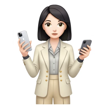 pale skin woman with dark Straightened bob Hair, White Spacious classical jacket, beige palazzo Arrow pants and gray blouse holding white IPhone 14 pro in the hands sticker