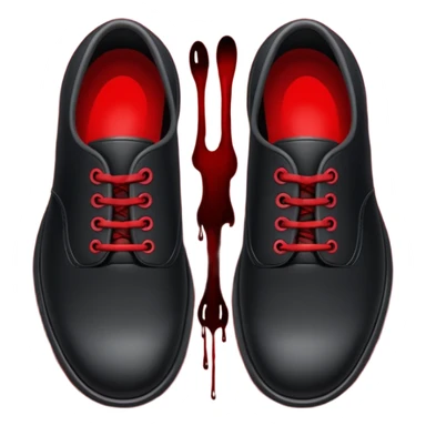 Minimalist emoji-style sticker of two black shoes standing on a red carpet that fades into a bloodstain. Flat, frontal design, simple icon composition. sticker