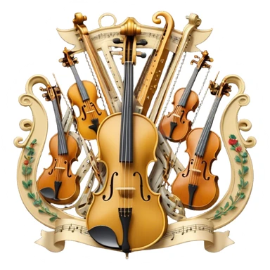 Create a sophisticated, festive, and professional emoji collage resembling a coat of arms, symbolizing string instruments. The design should feature several string instruments, such as a violin, cello, guitar, and harp, arranged in an elegant, balanced composition. Each instrument's neck (fingerboard) should intertwine with flowing musical notes, forming a ribbon-like structure that weaves through the instruments. The strings of the instruments should be emphasized, creating a dynamic and elegant effect. Use rich gold and silver accents to highlight the professional quality of the instruments, with deep wooden tones for the body of each instrument. Surround the instruments with a subtle border, resembling a heraldic crest, and add small decorative elements like laurel leaves or subtle flourishes. The background should be transparent to keep the design clean and polished. sticker