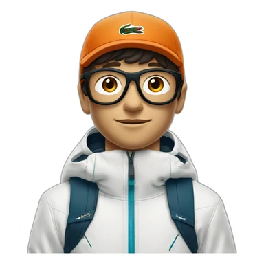 Un garçon blanc qui porte das lunettes de ski, il a les cheveux noirs, un survetement de lacoste et une casquette nike sticker