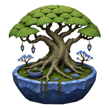 Alien spacecraft hanging-vines landscape mudman very old broken cracked intricate Stone Age rocky-crusted irregular dodecagon-shaped shallow dark moss rough bark blue willow flowered maple tree bonsai pot sticker